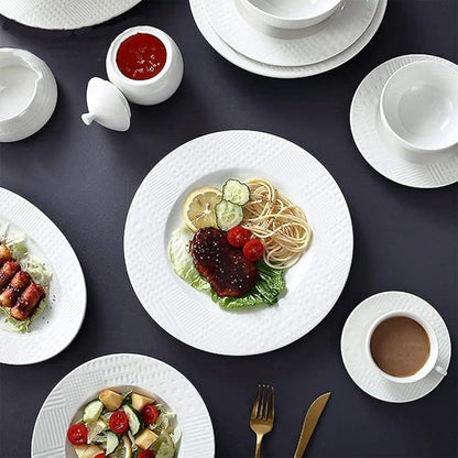 48 Pieces Dinnerware Sets, White Ceramics Dinner Sets, Complete Porcelain Combination with Plates, Bowls, Mugs, Coffee Cups and Tea Pot, Microwave Safe, Service for 6 Per