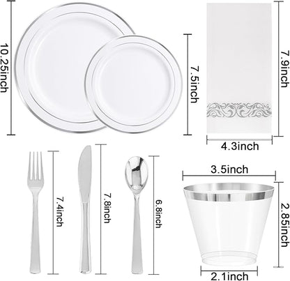 WELLIFE 700 Pieces Silver Plastic Dinnerware Set for 100 Guests - Includes Plates, Cups, Napkins, and Disposable Cutlery - Elegant White & Silver Design, Perfect for Parties and Events