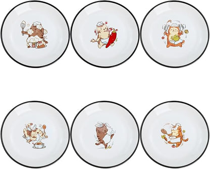 Funny Fidgety Chef Cat Pattern Ceramic Sauce Dishes, Seasoning Dishes, Sushi Soy Dipping Bowls, Appetizer Plates, Dessert Plates, Little Cat Bird Feeding Bowls, Set of 6-Chef Cat-5 Inch