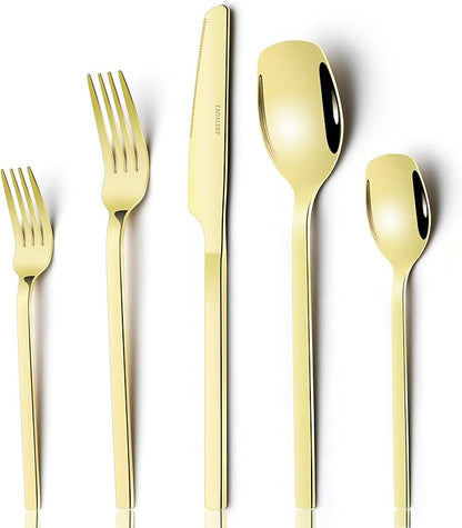 Gold Silverware Set for 8, 40-Piece Stainless Steel Flatware Cutlery Set With Titanium Gold Plated, Kitchen Eating Utensils Set Include Knife Fork Spoon Set, Dishwasher Safe