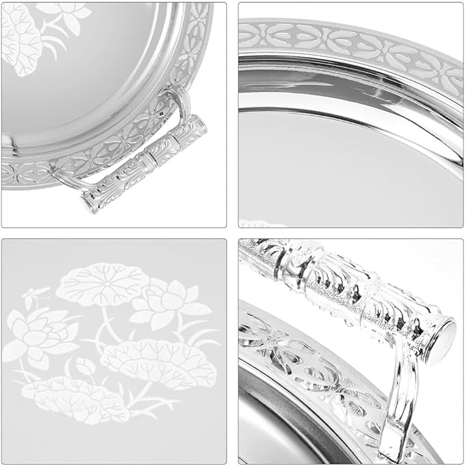 Zerodeko Stainless Steel Tea Tray Tea Serving Platter with Handles European Serving Tray Round Dinner Plate Retro Fruit for Food Fruit Coffee Silver