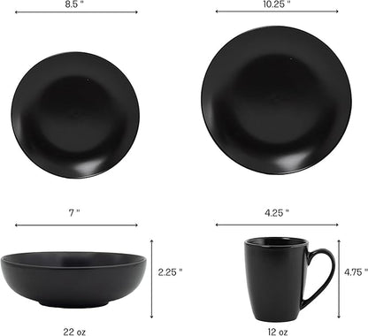 Euro Ceramica Euro Essential Collection 16 Piece Dinnerware Set, Service for 4, Solid Semi-Matte Black