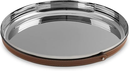 Nambe Tahoe Bar Tray | Stainless Steel Organizing Tray with Raised Edges and Leather Accent | Decorative Round Metal Serving Tray | 13in Removable Leather Accent