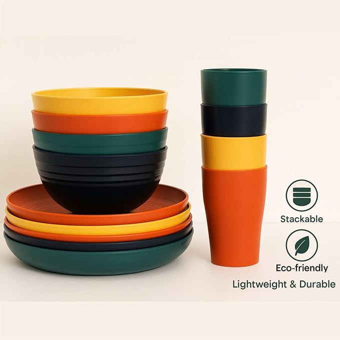 16 PCS Wheat Straw Dinnerware Set, Unbreakable Plates Bowls Cups for 4, Lightweight Microwave & Dishwasher Safe Tableware, Reusable Kitchen Set for Camping, Picnic, RV, Family Use (Macaron)