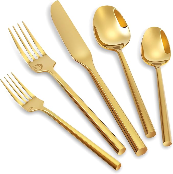 Gold Silverware Set Flatware Set Stainless Steel Cutlery Set Hexagon Handle Home Kitchen Daily Use 30 Pieces Service for 6