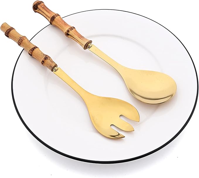 4 Piece Bamboo Handle Serving Set Utensils, 304 Stainless Steel Long Hanlde Serving Fork Spoon For Kitchen Buffet Restaurant Wedding Party Home (2 Spoons 2 Forks, Gold)
