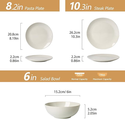 Ceramic Dinnerware 12 Pieces glazed cream white Dinner Set,Plates Pasta Bowls Cereal Bowls Reactive Change Glaze Dish Sets, Modern Stoneware Dishe (glazed cream white)