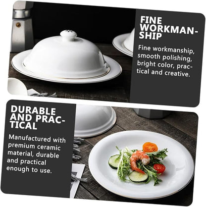 Mobestech Gold Trimmed Ceramic Plate with Lid for Western-style Cuisine Steak Serving Tray Food Storage Dishwasher Safe for Entertaining and Meal Prep