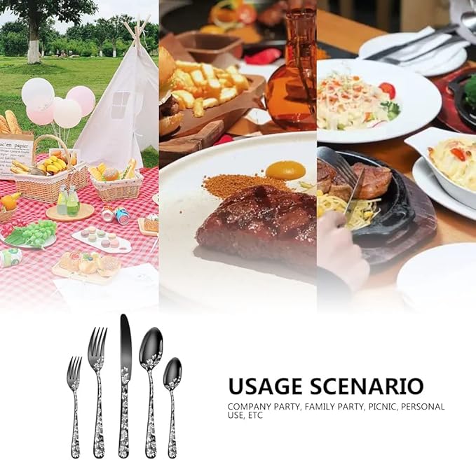 XIAOYU 5 Pieces Silverware Set, Black Flatware Set, Stainless Steel Mirror Polished Cutlery Set, Spoons Forks Knives Set with Unique Floral Laser, Black