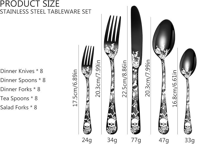 XIAOYU 40-Piece Halloween Themed Skeleton Silverware Set, Metal Flatware Set Serving for 8, Gothic Unique Skeleton Pattern Design, Durable Cutlery Set for Halloween Easter Christmas, Rose Gold