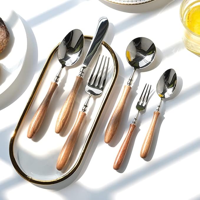 4 Pcs Flatware Set with Wood Handle, 304 Stainless Steel Silverware Cutlery Set for 1, Protable Tableware Set for Travel And Champing, Eating Utensils with Knife Fork Spoon