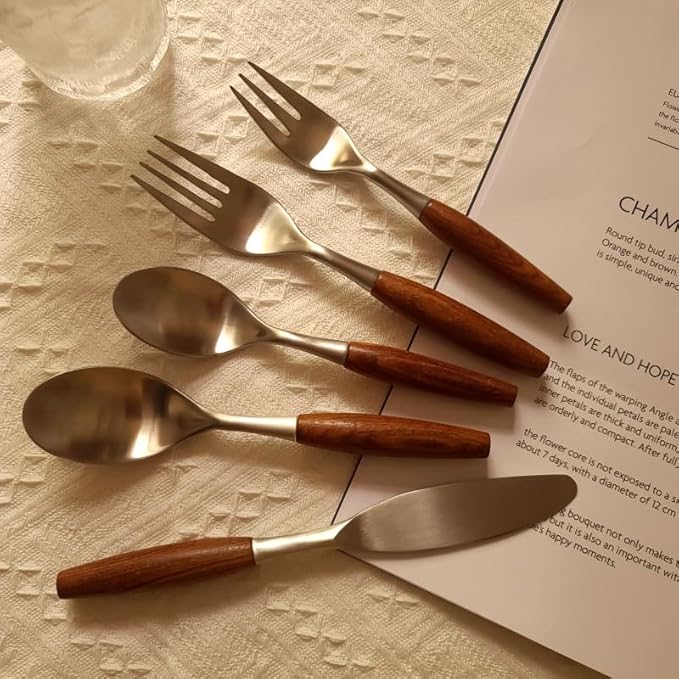 Silverware Flatware Cutlery Set, 5/20/30/40 Pieces Wooden Handle 304 Stainless Steel Table Knives, Forks And Spoons, Home Tableware, Restaurant Tableware(40 Pieces for 8)