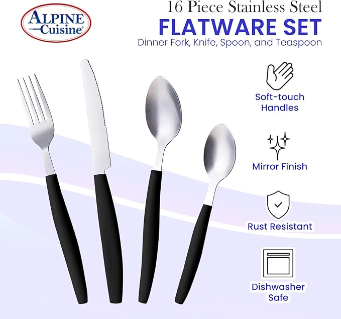 ALPINE CUISINE Flatware Set 16 Piece Service for 4, Stainless Steel Flatware Cutlery Set Includes Dinner Knives/Forks/Spoons - Great for Camping or College Dorms - Dishwasher Safe - Black