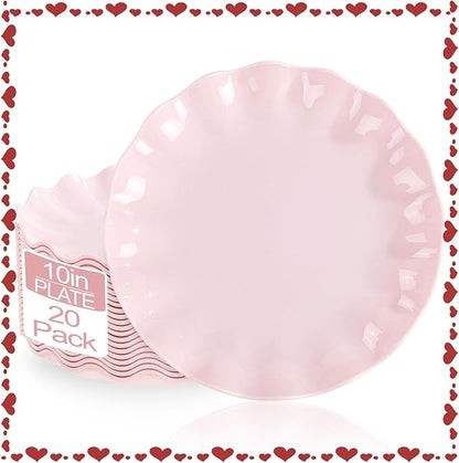 LIYH 20 Pcs 10 Inch Pink Scalloped Plastic Plates Reusable - Unbreakable Plastic Wavy Plates for Weddings Party Outdoor Picnics Dishwasher Safe BPA Free 10" Dinner Plate