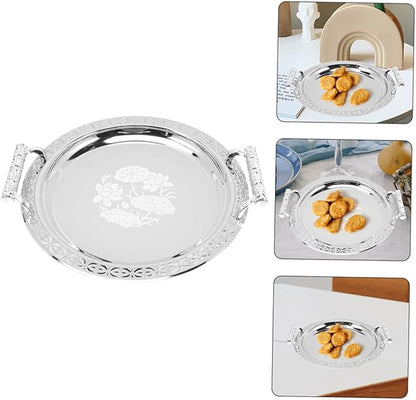 GLEAVI Floral Pattern Serving Tray Silver Decorative Fruit Candy Snack Plate Sturdy Non Fading Storage Holder for Home Kitchen Dining and Buffet Use