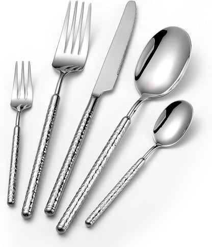 10-Piece Silverware Set, Stainless Steel Flatware Set for 2, Modern Hammered Utensil Tableware Set Include Dinner Knife/Fork/Spoon, Mirror Finish, Dishwasher Safe (10, silver)
