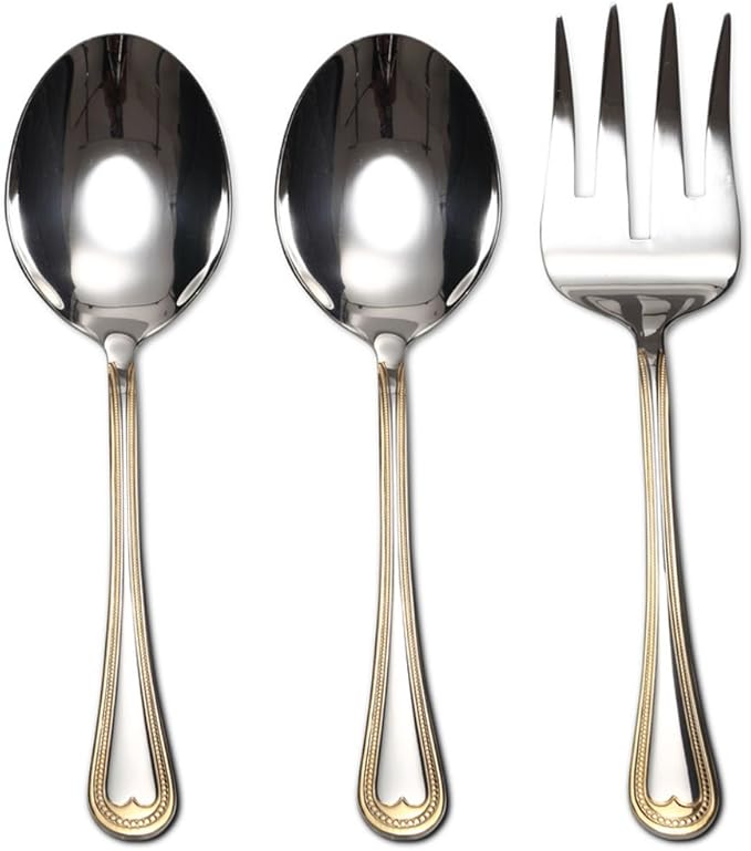 Venezia Collection "Beads" 75-Piece Fine Flatware Set, Silverware Cutlery Dining Service for 12, Premium 18/10 Surgical Stainless Steel, 24K Gold-Plated Hostess Serving Set