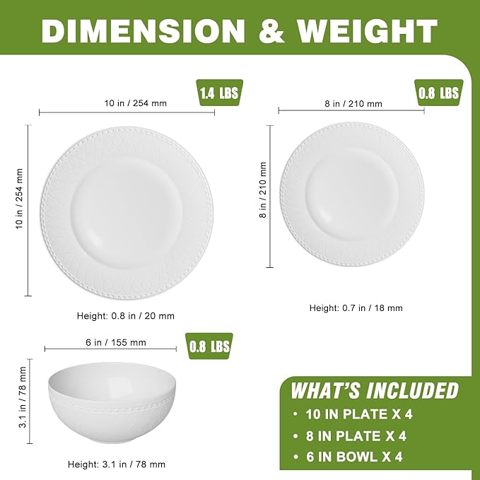 Yoshy 12-Piece White Embossed Mesh Bone China Dinnerware with Lightweight Durable Chip Resistant Design Service for 4
