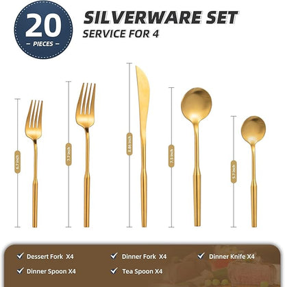 Matte Silverware Eating Utensils Set, 20-Piece Stainless Steel Flatware Set, Kitchen Utensil Set Service for 4, Durable Home Kitchen Silverware,Luxury Cutlery Set. (Gold, 20)