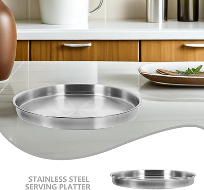 2PCS Stainless Steel Serving Tray Round Matte Dinner Plate for BBQ Camping Kitchen Restaurant Party Event Accessories - 30cm Silver