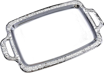 16.1 in Silver Serving Tray, European Style Stainless Steel, with Handles, Metal Ottoman Tray for Coffee Table and Parties, Decorative Food Serveware