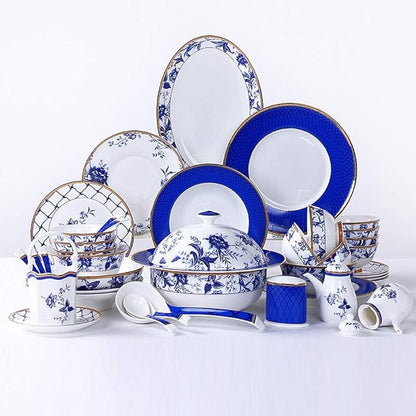 Home Tableware Set Ceramics Dinner Sets, 60 Pieces Upscale Bone China Dinnerware Set Plate/Bowl/Soup Pot - Blue and White Porcelain Combination Set for Family Gathering