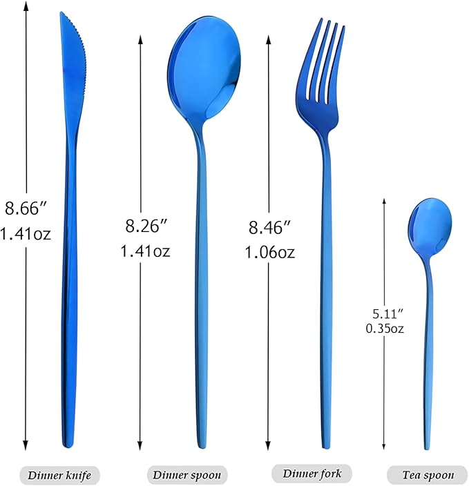 24-Piece Mirror Blue Polished Flatware, 18/0 Stainless Steel Dinnerware Set Include Knife Fork Spoon Teaspoon Cutlery Set For Home Restaurant and Party Service For 6, Dishwasher Safe