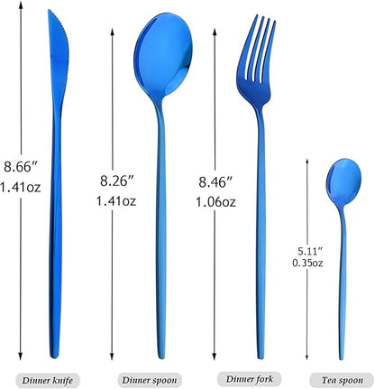 24-Piece Mirror Blue Polished Flatware, 18/0 Stainless Steel Dinnerware Set Include Knife Fork Spoon Teaspoon Cutlery Set For Home Restaurant and Party Service For 6, Dishwasher Safe