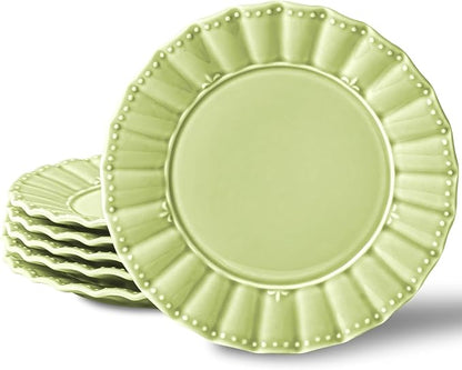 HOMBENE Dessert Plates 8 Inches Set for 6 Ceramic Serving Plates, Plates for Cake Waffles,Wavy Style, Snacks, Pasta, Noodle,Dinner, Microwave & Dishwasher Safe (Mint Glow Green)