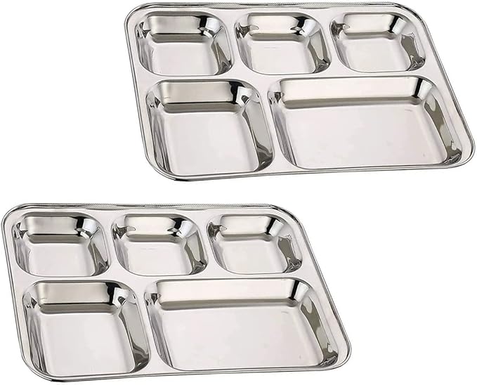 Satre Online and Marketing Stainless Steel Rectangle/Square 5 Section Compartment Lunch Plate Tray Set of 2