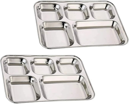 Satre Online and Marketing Stainless Steel Rectangle/Square 5 Section Compartment Lunch Plate Tray Set of 2