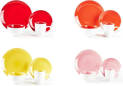 Stoneware Coupe Shape Dinnerware Set, Outside White + Inside (16pc Set, Very Rose)