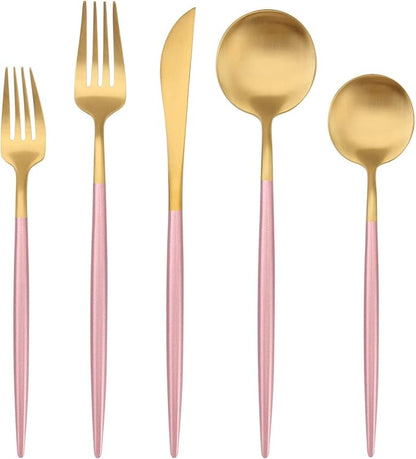 Bysta 5-Piece Stainless Steel Flatware Set, Matte Gold Silverware Set with pink handle, Kitchen Utensil Set Service for 1, Tableware Cutlery Set for Home and Restaurant, Dishwasher Safe