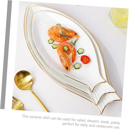 Amosfun Ceramic Fish Plate Gold Trim Decorative Fish Shaped Dish Serving Tray for Appetizers and Snacks Elegant Tableware for Parties Banquets and Home Use