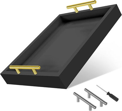 Coffee Table Tray - with Gold and Silver Metal Handles for Serving, Home Decor, Bathroom, Ottoman Design, Wooden Tray 16x12in (Black)