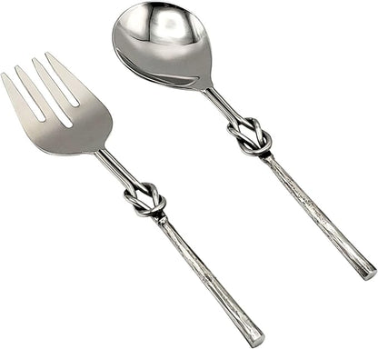 Elyon Reef Knot Reflective Silver Salad Serving Set Indian Artisan Made Hostess Set Hand Forged Stainless Steel 2 Pieces