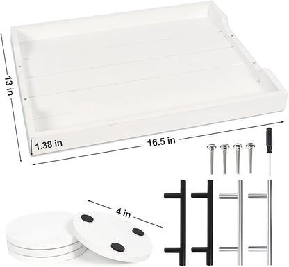 Coffee Table Tray - Large Ottoman Tray for Living Room - Wood Serving Tray with 2 Sets of Handles - Wooden Tray for Coffee Table, 4 Round Coasters Included, White