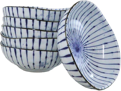 Ebros Gift Artistic Blue Waves Fubuki Tokusa Made In Japan Dinnerware Serveware Kitchenware Set Asian Japanese Restaurant Supply (Pack Of 6 Round Flair Small Shallow Bowls 11oz)