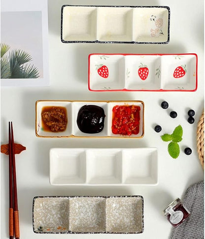 Salad plate Soy Sauce Dish Ceramic Sauce Dish 3 Compartment Appetizer Serving Tray Rectangular Divided Dip Bowls for Sushi Ketchup Dessert Appetizer Seasoning Dishes Plastic plate ( Size : 8.27x2.83x1