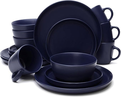 MÜLLERHEIM 903 Minimalist Collection 16-Piece Contemporary Ceramic Stoneware Dinnerware Sets for 4, Blueberry Plates and Bowls sets, Dinner Plates Set, Salad Dish Set, Bowls, Cup