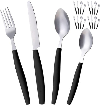 ALPINE CUISINE Flatware Set 16 Piece Service for 4, Stainless Steel Flatware Cutlery Set Includes Dinner Knives/Forks/Spoons - Great for Camping or College Dorms - Dishwasher Safe - Black