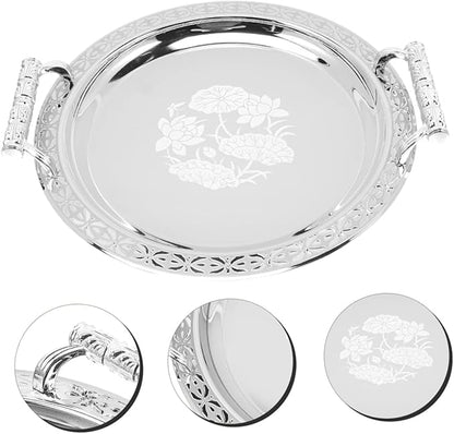 Mobestech Round Pattern Tray Silver Serving Plate Fruit Trays for Serving Round Bread Plate Storage Dish