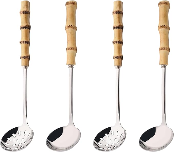 Soup Ladle and Slotted Spoon Set, 304 Stainless Steel Serving Utensils with Natural Bamboo Handle, Soup Spoons For Serving Gravy Hot Pot Or Restaurant, 10.2 Inch, 4 PCS / 2 of Each