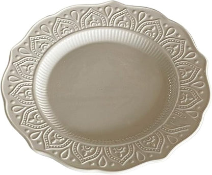 SONGCHAO Party Supplies White Embossed Lace Flat Ceramic Plate Home Restaurant Cake Dessert Plate Round Irregular Edge Breakfast Plate Party Plates