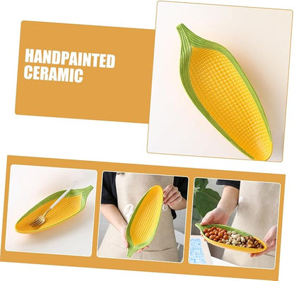 Zerodeko Handpainted Ceramic Corn Dish Non Slip Bottom Appetizer Plate for Snacks Sushi Serving Corn Cob Holders Condiments Tray Microwave Dishwasher