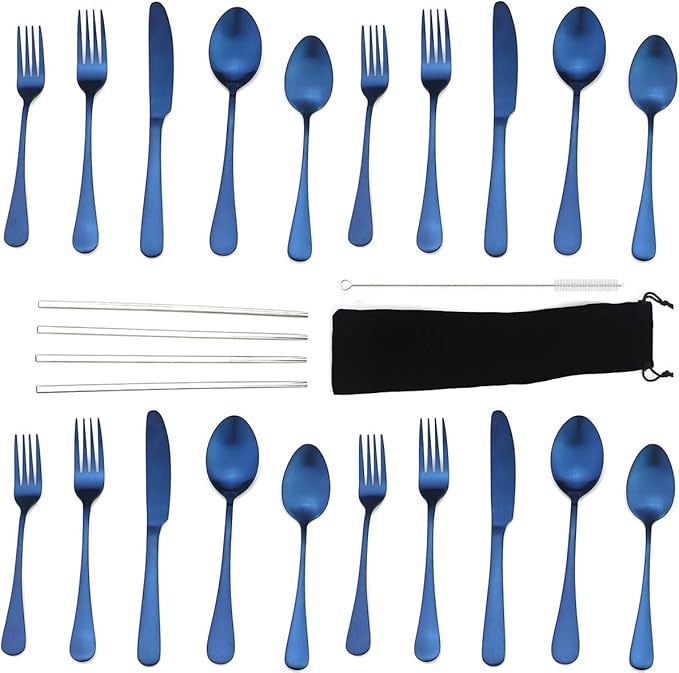 JASHII Modern Royal 20 Pcs Blue 18/10 Stainless Steel Utensils Cutlery Dinnerware Set w/ 4 Pcs Straw, Knife Fork and Spoon Flatware Set for Wedding Festival Christmas Party Service for 4