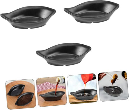 OUNONA 3-Piece Sauce Dipping Bowls Set Imitative Ceramic Condiment Plates Black Easy to Clean Suitable for Appetizers and Snacks