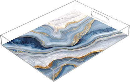 Serving Tray with Handles Clear Acrylic Tray 12x16 Inch Decorative Rectangular Tray Organizer for Ottoman Coffee Table Bathroom Blue Marble and Gold Lines