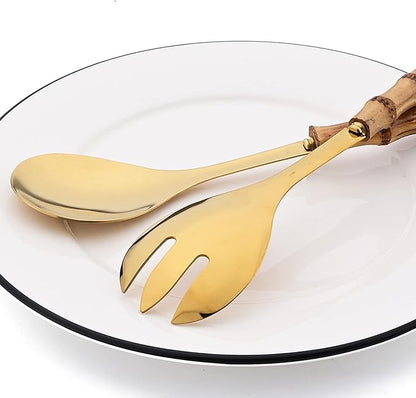 4 Piece Bamboo Handle Serving Set Utensils, 304 Stainless Steel Long Hanlde Serving Fork Spoon For Kitchen Buffet Restaurant Wedding Party Home (2 Spoons 2 Forks, Gold)