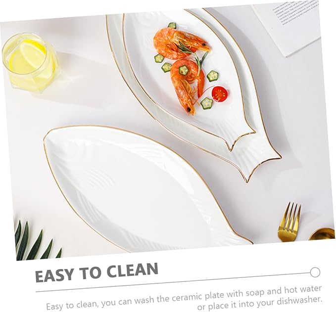 STOBAZA Ceramic Fish Serving Plate Gold Trim Decorative Dish for Appetizers and Snacks for Home Use and Entertaining Elegant Steaming Plate for Fish Dishes